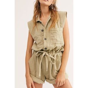 Free People Kalahari Coverall Moss Green Cap Sleeve Gauzy Cotton Romper